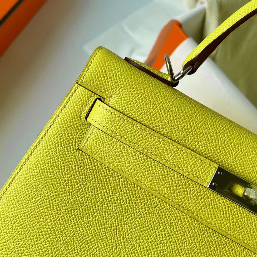 Hermès（爱马仕）Kelly 凯莉包 Epsom 9R 柠檬黄 银扣 25cm 全手工蜡线缝制 Phw