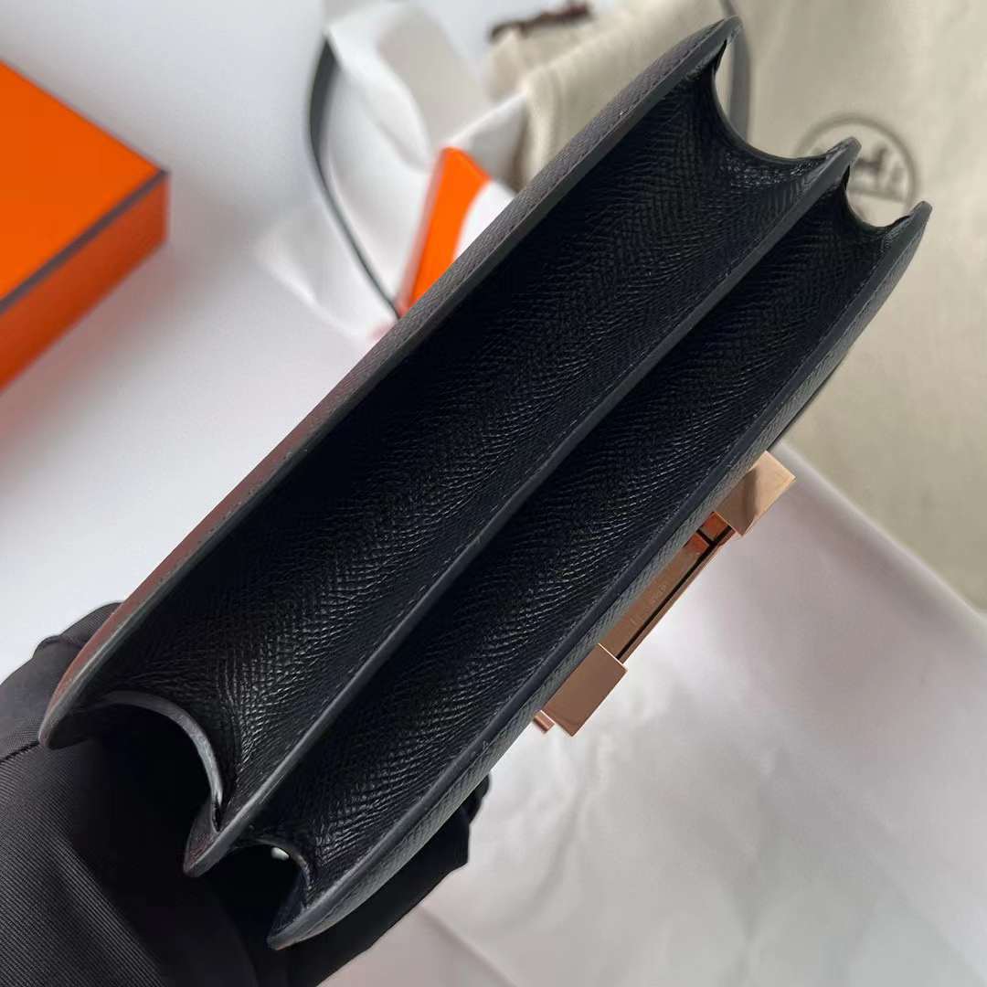 Hermès（爱马仕）Constance 康斯坦斯 Epsom Ck89 黑色 玫瑰金扣 19cm 全手工蜡线缝制 Rghw