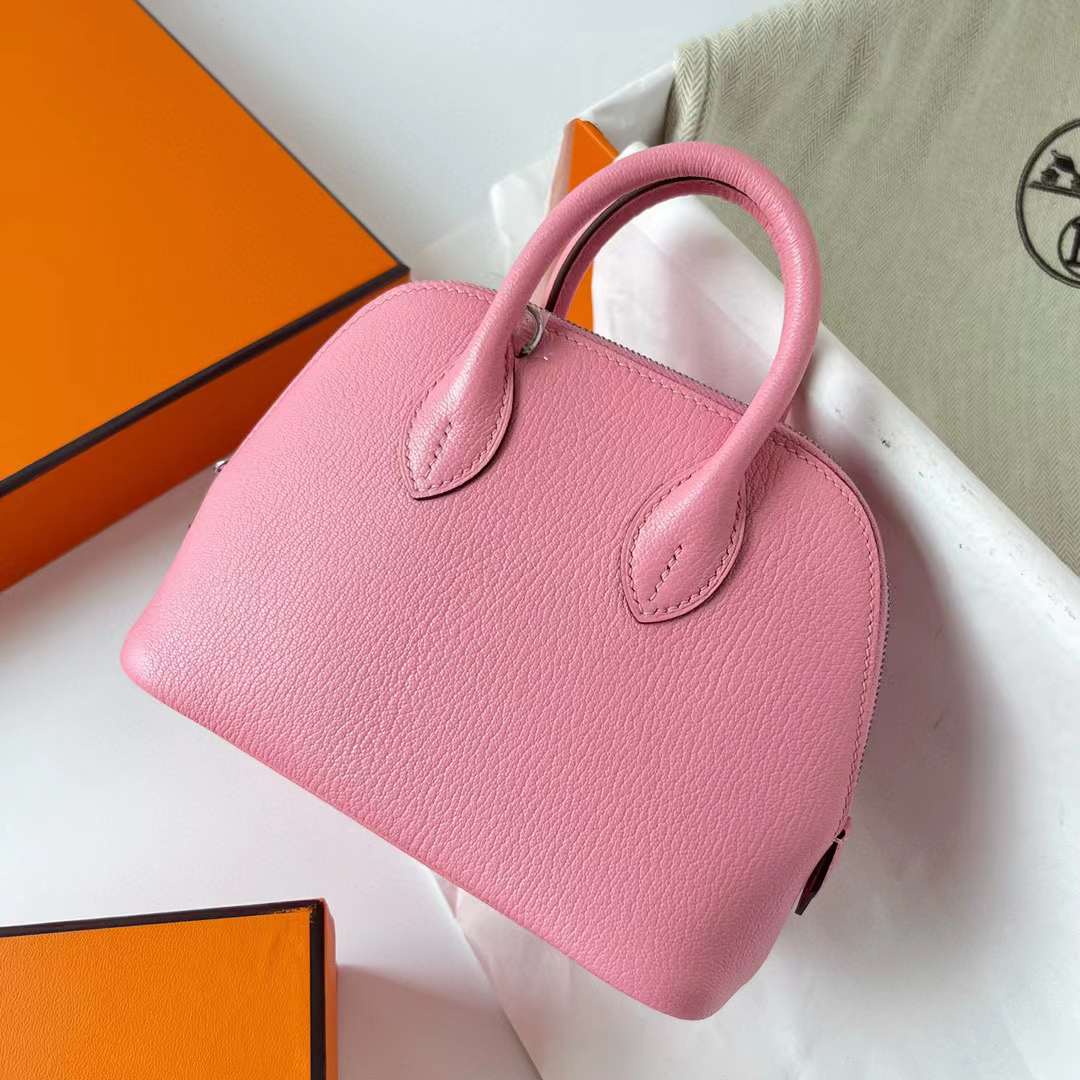 Hermès（爱马仕）Mini Bolide 迷你保龄球 Chevre 进口山羊皮 1Q 奶昔粉 银扣 19cm 全手工蜡线缝制 Phw