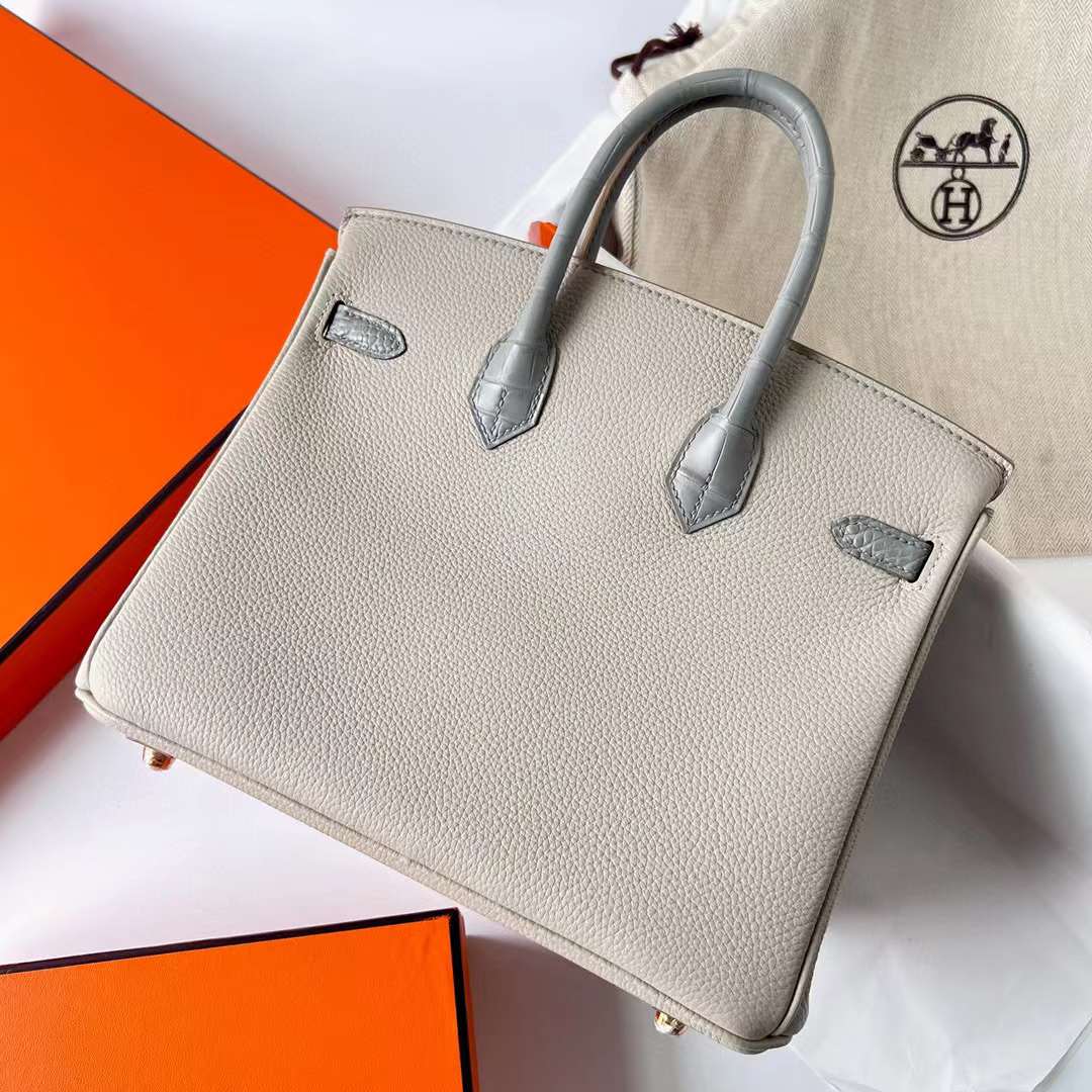Hermès（爱马仕）Birkin 铂金包 Touch Togo 拼 雾面美洲鳄鱼皮 Ck80 珍珠灰 金扣 25cm 全手工蜡线缝制 Ghw