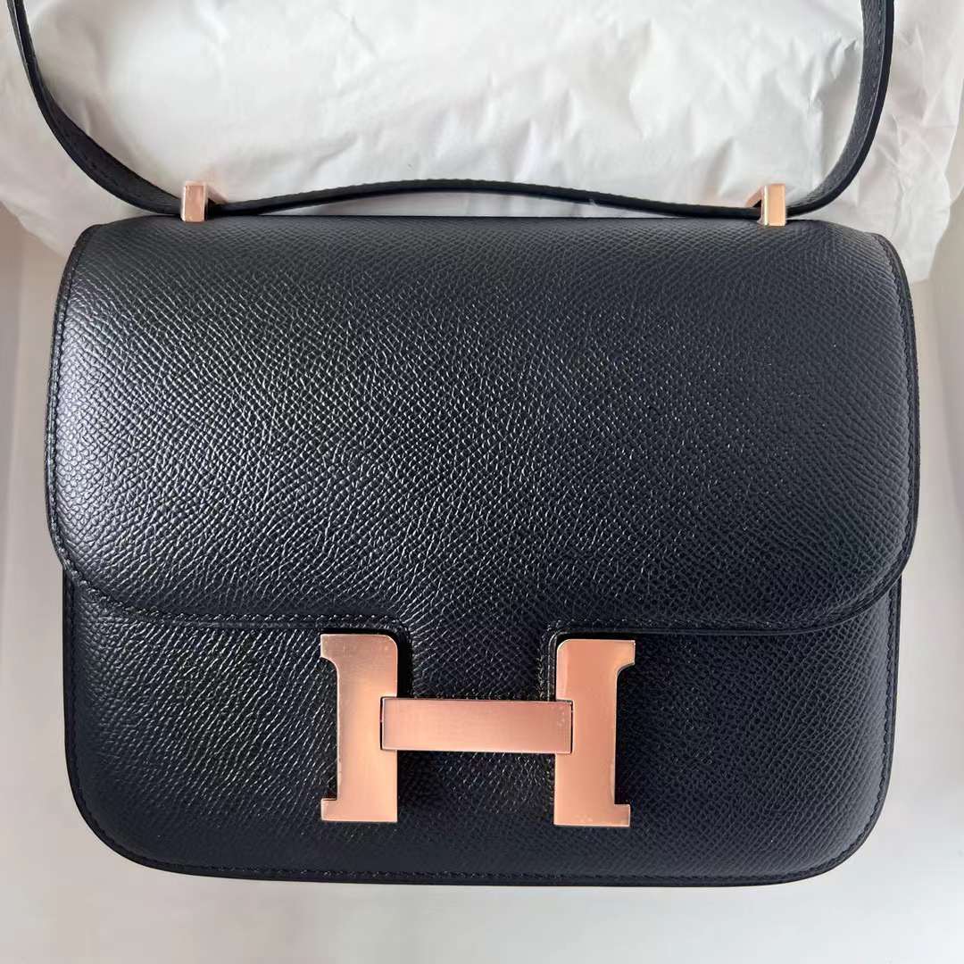 Hermès（爱马仕）Constance 康斯坦斯 Epsom Ck89 黑色 玫瑰金扣 19cm 全手工蜡线缝制 Rghw