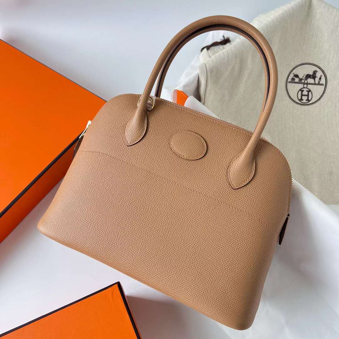 Hermès（爱马仕）Bolide 保龄球包 Epsom 0M 奶茶色 金扣 27cm 全手工蜡线缝制 Ghw