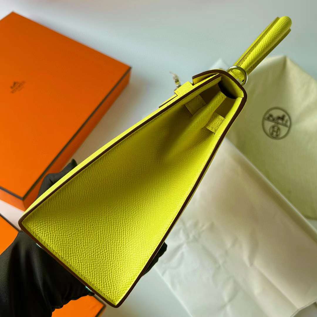 Hermès（爱马仕）Kelly 凯莉包 Epsom 9R 柠檬黄 银扣 25cm 全手工蜡线缝制 Phw