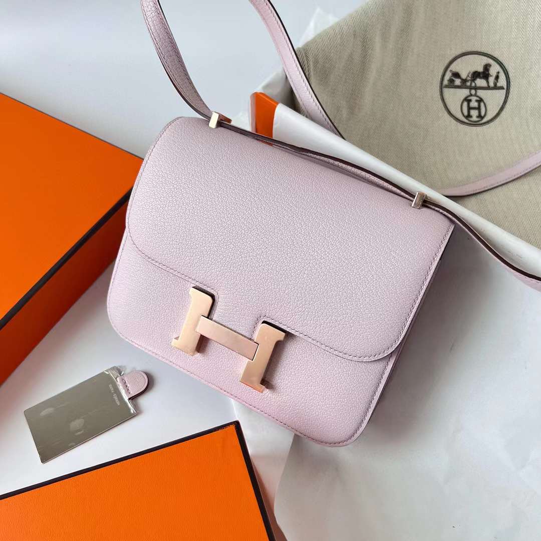 Hermès（爱马仕）Constance 康斯坦斯 1-19 Chevre 进口山羊皮 09 梦幻粉紫 玫瑰金扣 19cm 全手工蜡线缝制 Rghw