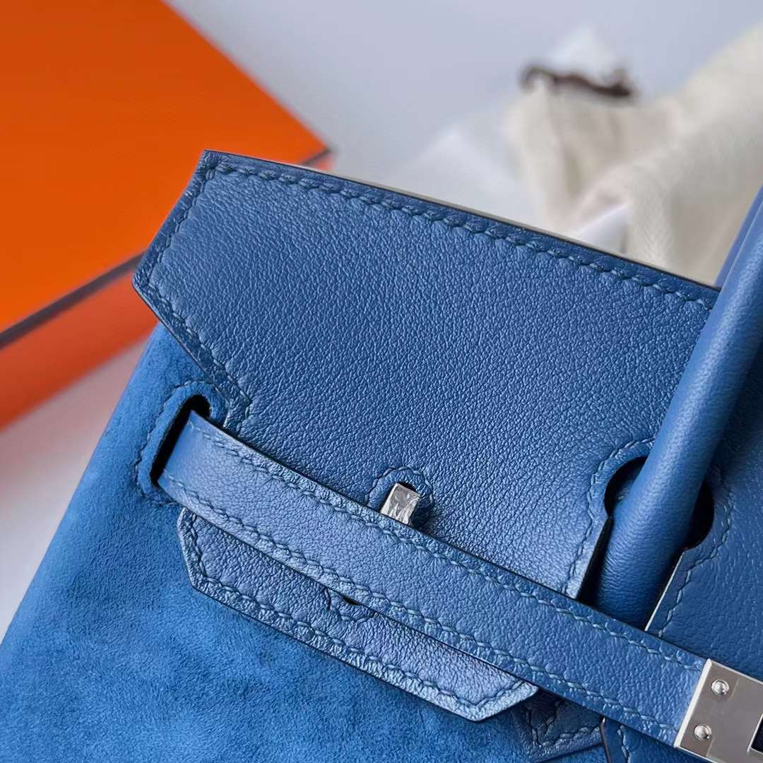 Hermès（爱马仕）Birkin 铂金包 Grizzly 麂皮 拼 Swift O8 皇家蓝 银扣 25cm 全手工蜡线缝制 Phw