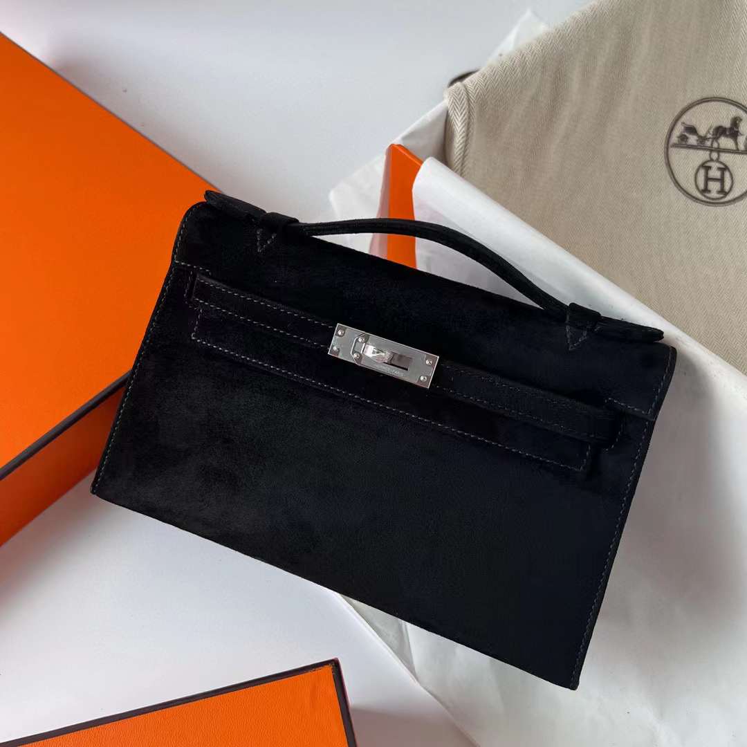 Hermès（爱马仕）Mini Kelly Pochette Suede 进口麂皮 ck89 黑色 银扣 22cm 全手工蜡线缝制 Phw