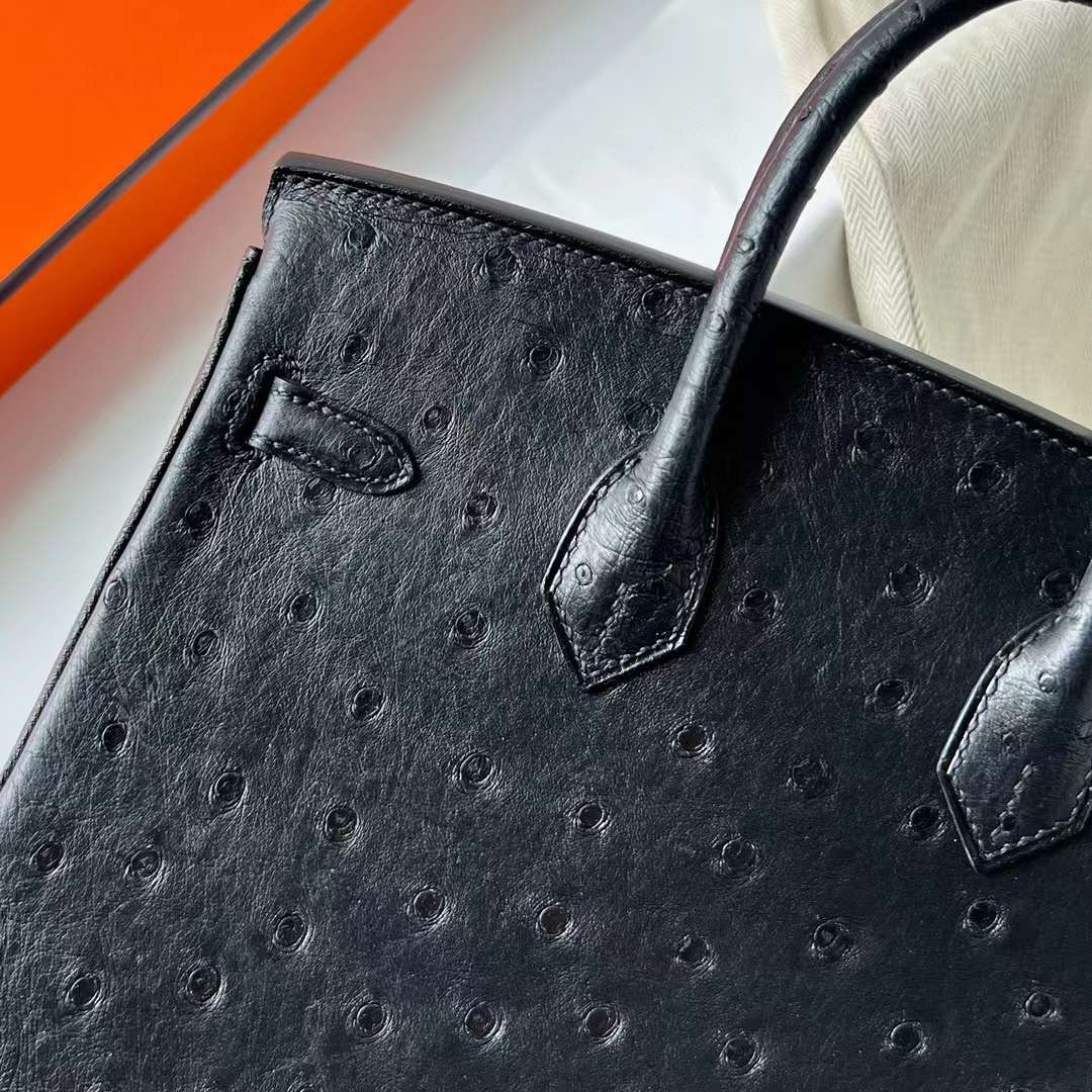 Hermès（爱马仕）Birkin 铂金包 Ostrich 南非鸵鸟皮 Ck89 黑色 玫瑰金扣 25cm 全手工蜡线缝制 Rghw