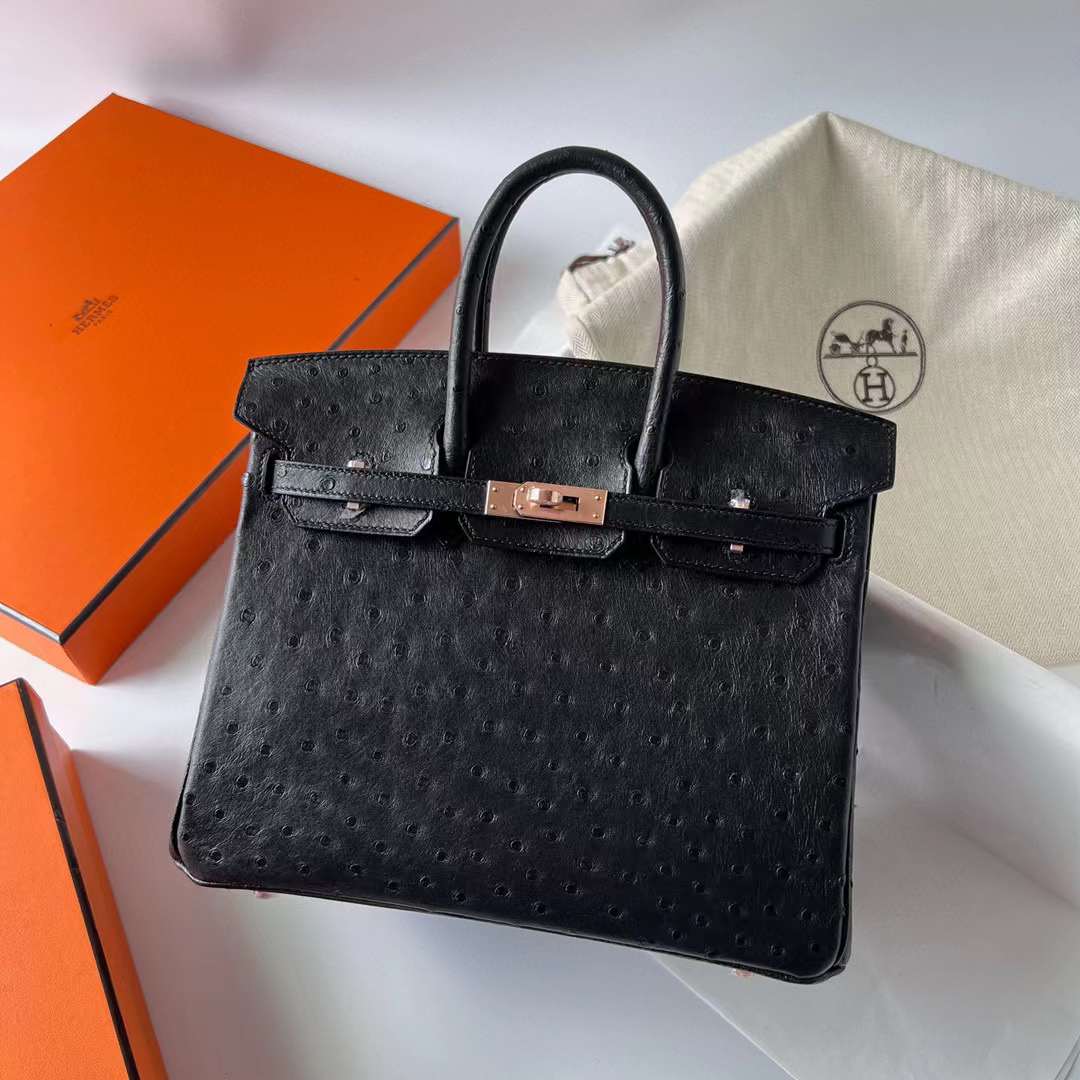 Hermès（爱马仕）Birkin 铂金包 Ostrich 南非鸵鸟皮 Ck89 黑色 玫瑰金扣 25cm 全手工蜡线缝制 Rghw