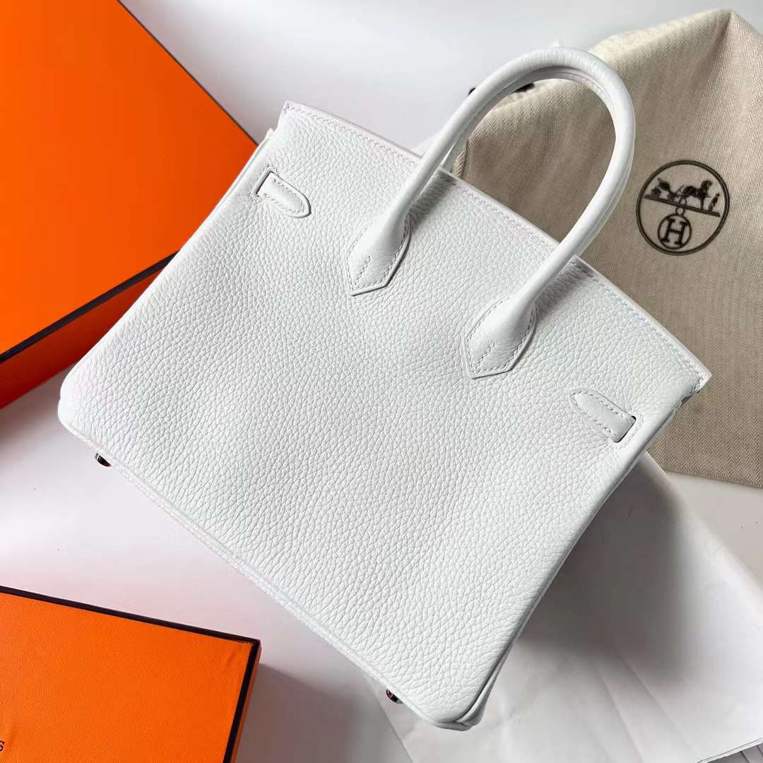 Hermès（爱马仕）Birkin 铂金包 Clemence 进口TC大牛皮 01 纯白 内拼 ck80 珍珠灰 银扣 25cm 全手工蜡线缝制 Phw
