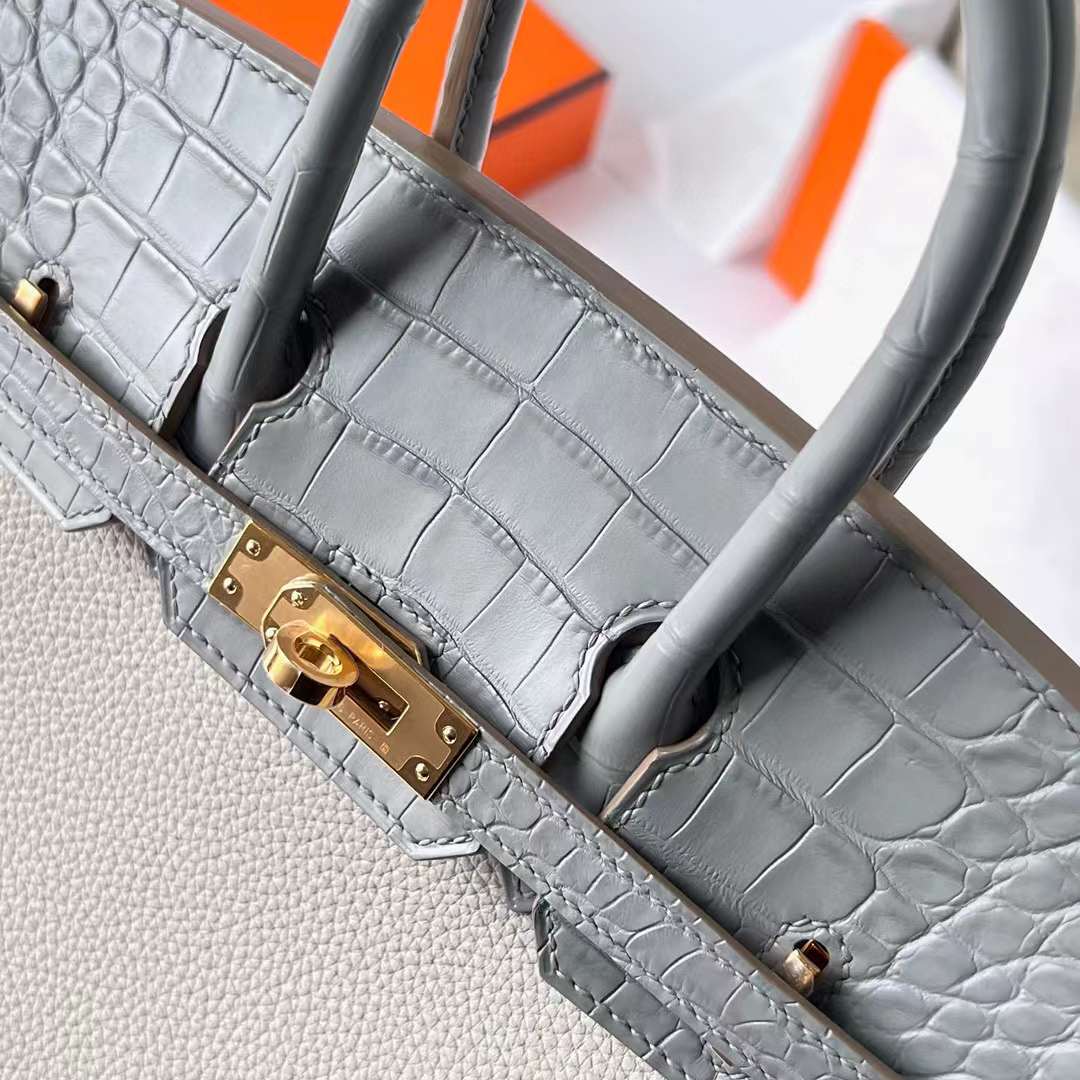 Hermès（爱马仕）Birkin 铂金包 Touch Togo 拼 雾面美洲鳄鱼皮 Ck80 珍珠灰 金扣 25cm 全手工蜡线缝制 Ghw