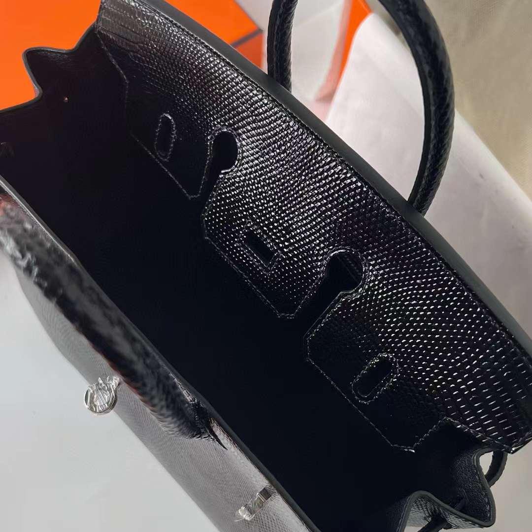 Hermès（爱马仕）Birkin 铂金包 Lizard 进口蜥蜴皮 Ck89 黑色 银扣 25cm 全手工蜡线缝制 Phw