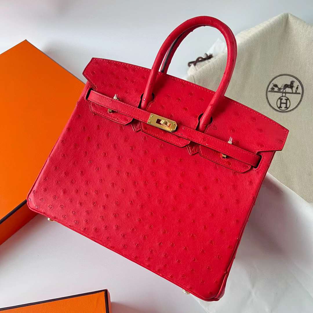 Hermès（爱马仕）Birkin 铂金包 Ostrich 进口鸵鸟皮 Ck95 法拉利红 金扣 25cm 全手工蜡线缝制 Ghw