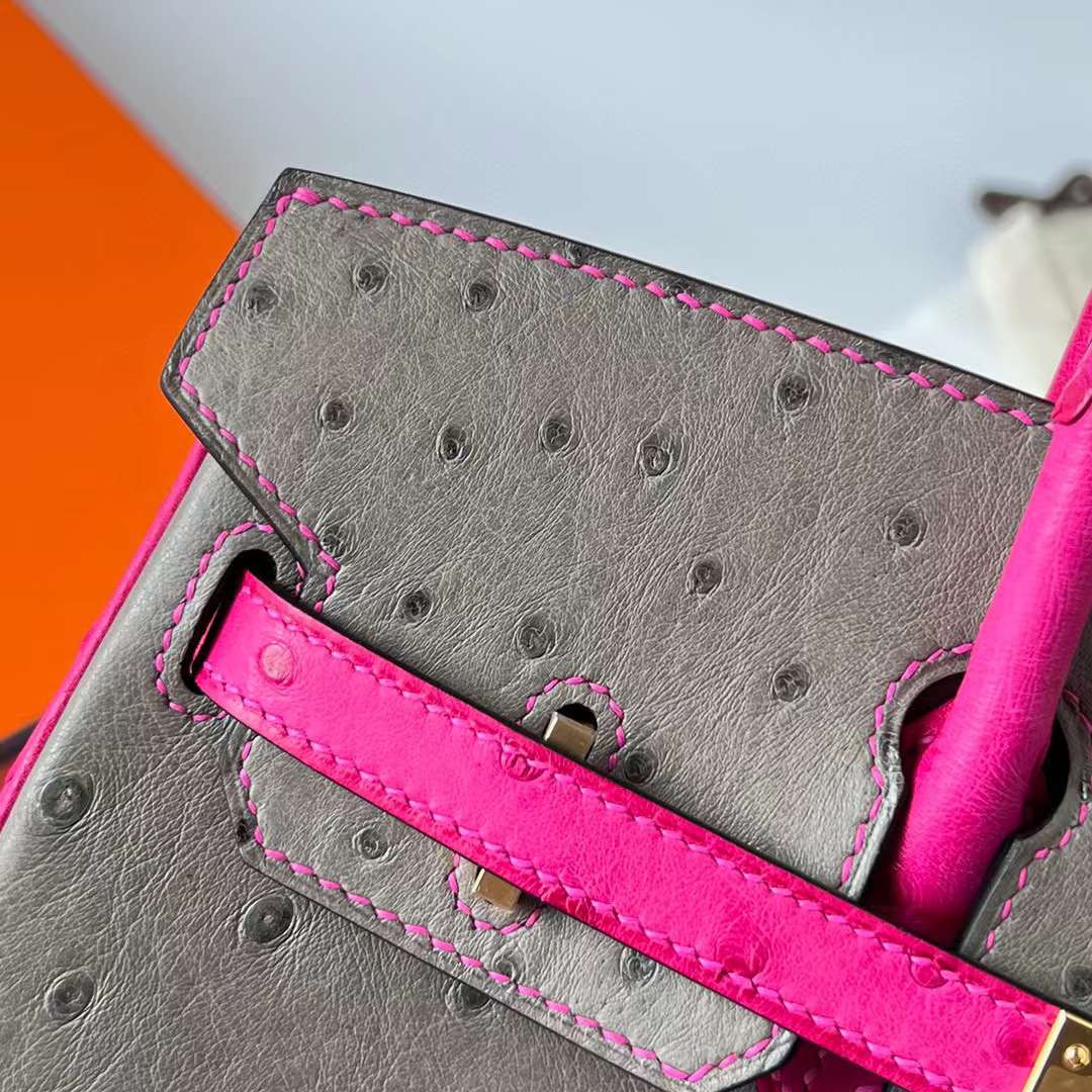 Hermès（爱马仕）Birkin 铂金包 Ostrich 南非kk进口鸵鸟皮 M8 沥青灰 拼 E5 糖果粉 金扣 25cm 全手工蜡线缝制 Ghw