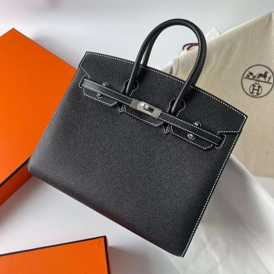 Hermès（爱马仕）Birkin Sellier Epsom Ck89 黑色 银扣 走白色线 25cm 全手工蜡线缝制 Phw