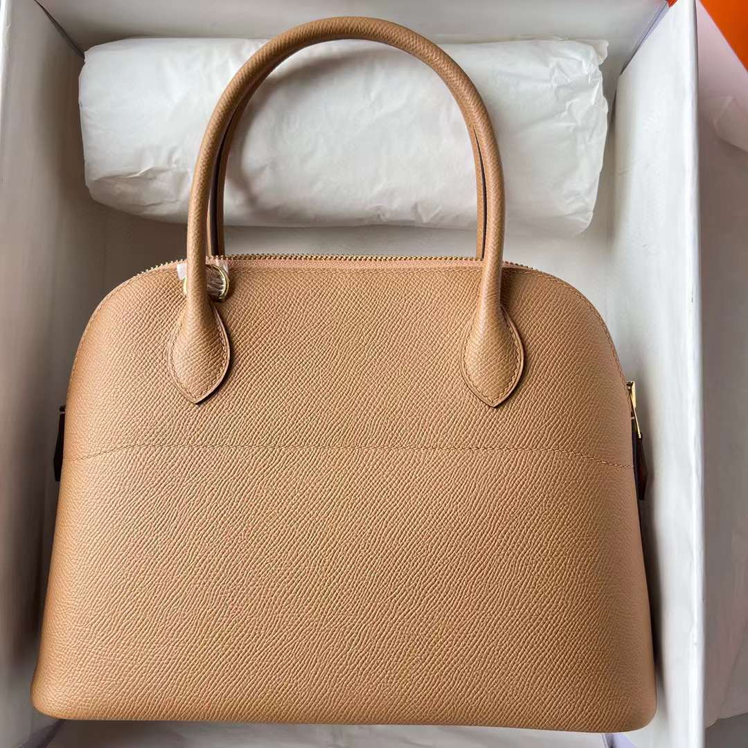 Hermès（爱马仕）Bolide 保龄球包 Epsom 0M 奶茶色 金扣 27cm 全手工蜡线缝制 Ghw