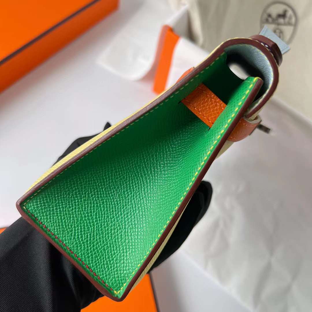 Hermès（爱马仕）Mini Kelly Pochette Epsom Hss 多拼色 9R 柠檬黄 拼 1Z 小鸡黄 拼 X9 锦葵紫 拼 9J 火焰橙 拼 T0 雾蓝色 拼 1K 竹子绿 拼 A5 杜鹃红 银扣 22cm