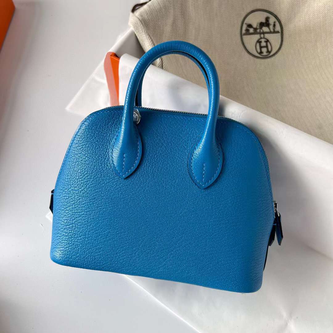 Hermès（爱马仕）Mini Bolide 迷你保龄球包 Chevre 山羊皮 0F 佛里达蓝 银扣 19cm 全手工蜡线缝制 Phw