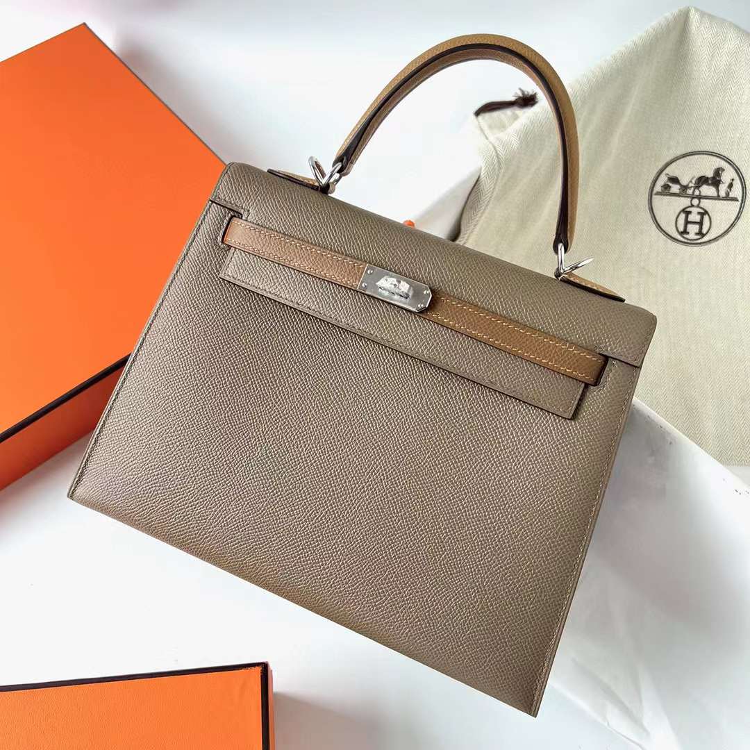Hermès（爱马仕）Kelly 凯莉包 Epsom 掌纹皮 Ck18 大象灰 拼 3G 栗子色 拼 4B 饼干色 银扣 25cm 全手工蜡线缝制 Phw