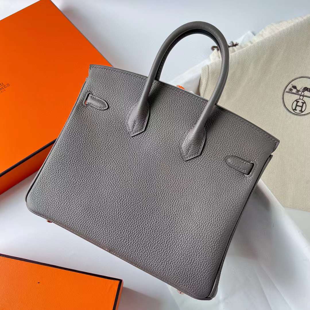Hermès（爱马仕）Birkin 铂金包 Togo 顶级小牛皮 8F 锡器灰 玫瑰金扣 25cm 全手工蜡线缝制 Rghw