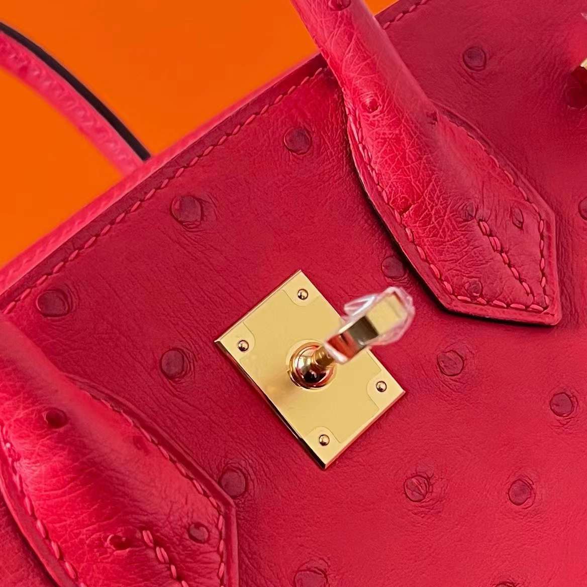 Hermès（爱马仕）Birkin 铂金包 Ostrich 进口鸵鸟皮 Ck95 法拉利红 金扣 25cm 全手工蜡线缝制 Ghw