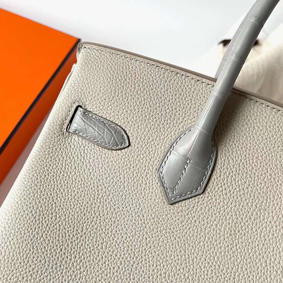 Hermès（爱马仕）Birkin 铂金包 Touch Togo 拼 雾面美洲鳄鱼皮 Ck80 珍珠灰 银扣 30cm 全手工蜡线缝制 Phw