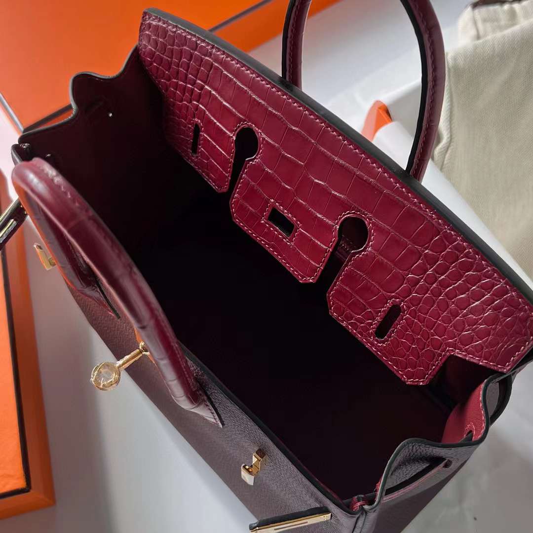 Hermès（爱马仕）Birkin 铂金包 Touch Togo皮 拼 雾面美洲鳄鱼皮 0G 马鞍红 拼 Ck55 爱马仕红 金扣 25cm 全手工蜡线缝制