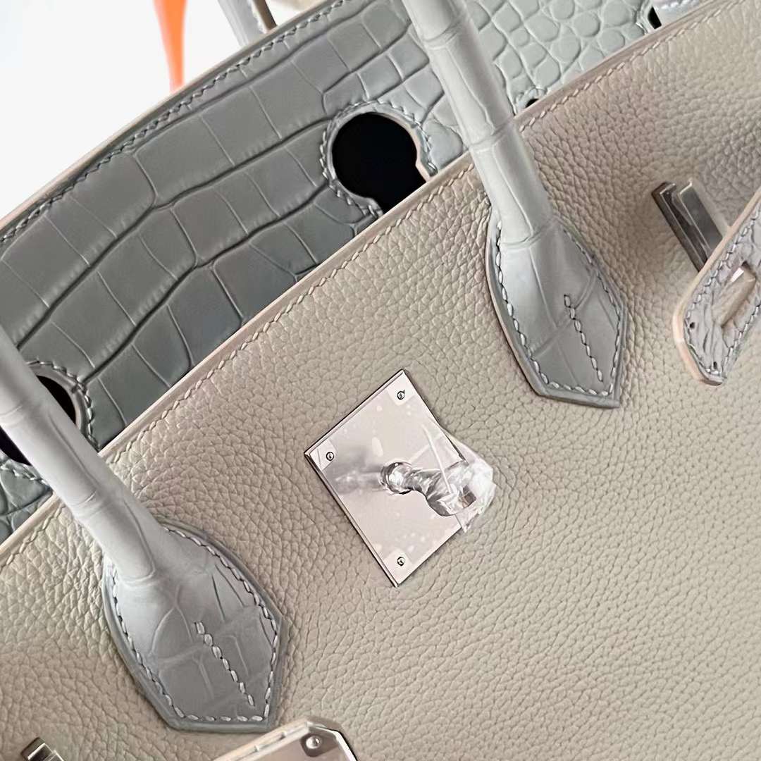Hermès（爱马仕）Birkin 铂金包 Touch Togo 拼 雾面美洲鳄鱼皮 Ck80 珍珠灰 银扣 30cm 全手工蜡线缝制 Phw