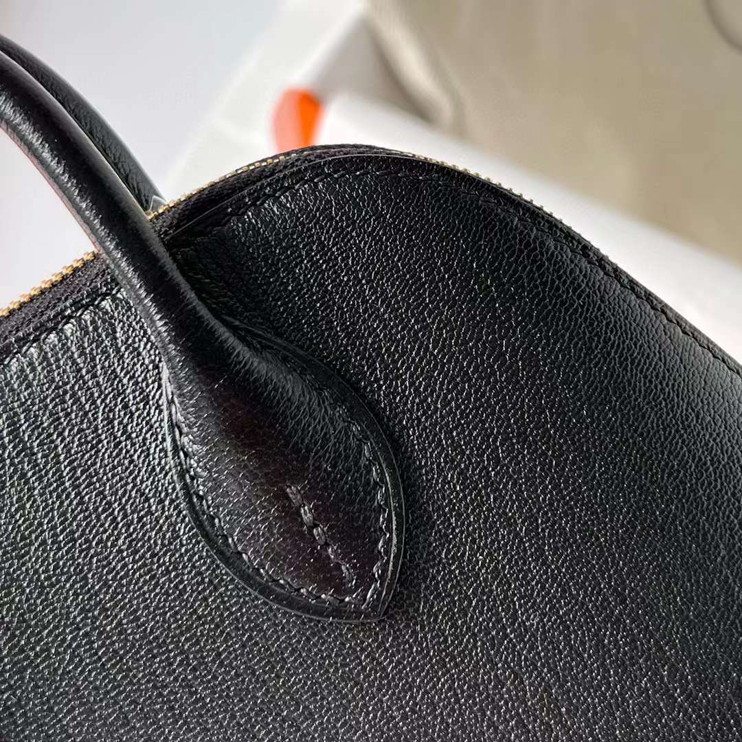 Hermès（爱马仕）Mini Bolide 迷你保龄球包 Chevre 山羊皮 Ck89 黑色 金扣 19cm 全手工蜡线缝制 Ghw