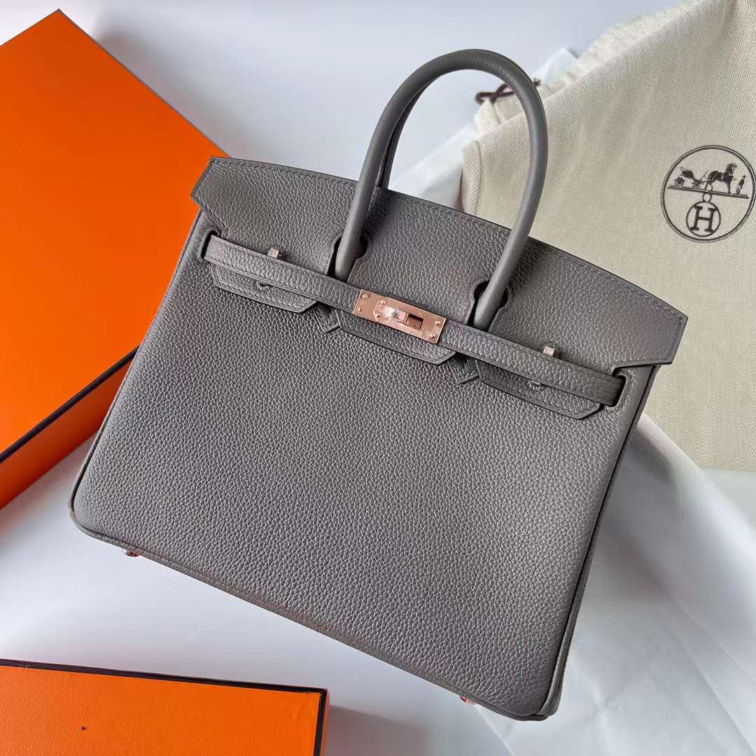 Hermès（爱马仕）Birkin 铂金包 Togo 顶级小牛皮 8F 锡器灰 玫瑰金扣 25cm 全手工蜡线缝制 Rghw