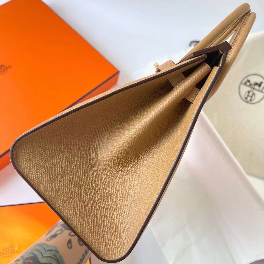 Hermès（爱马仕）Birkin Sellier Epsom 0M 奶茶色 金扣 25cm 全手工蜡线缝制 Ghw