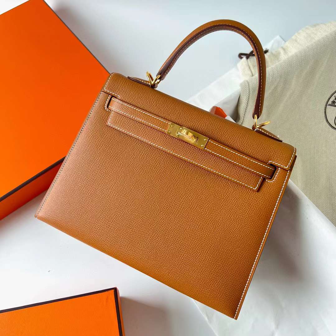 Hermès（爱马仕）Kelly 凯莉包 Epsom皮 金棕色 金扣 25cm 全手工蜡线缝制 Ghw