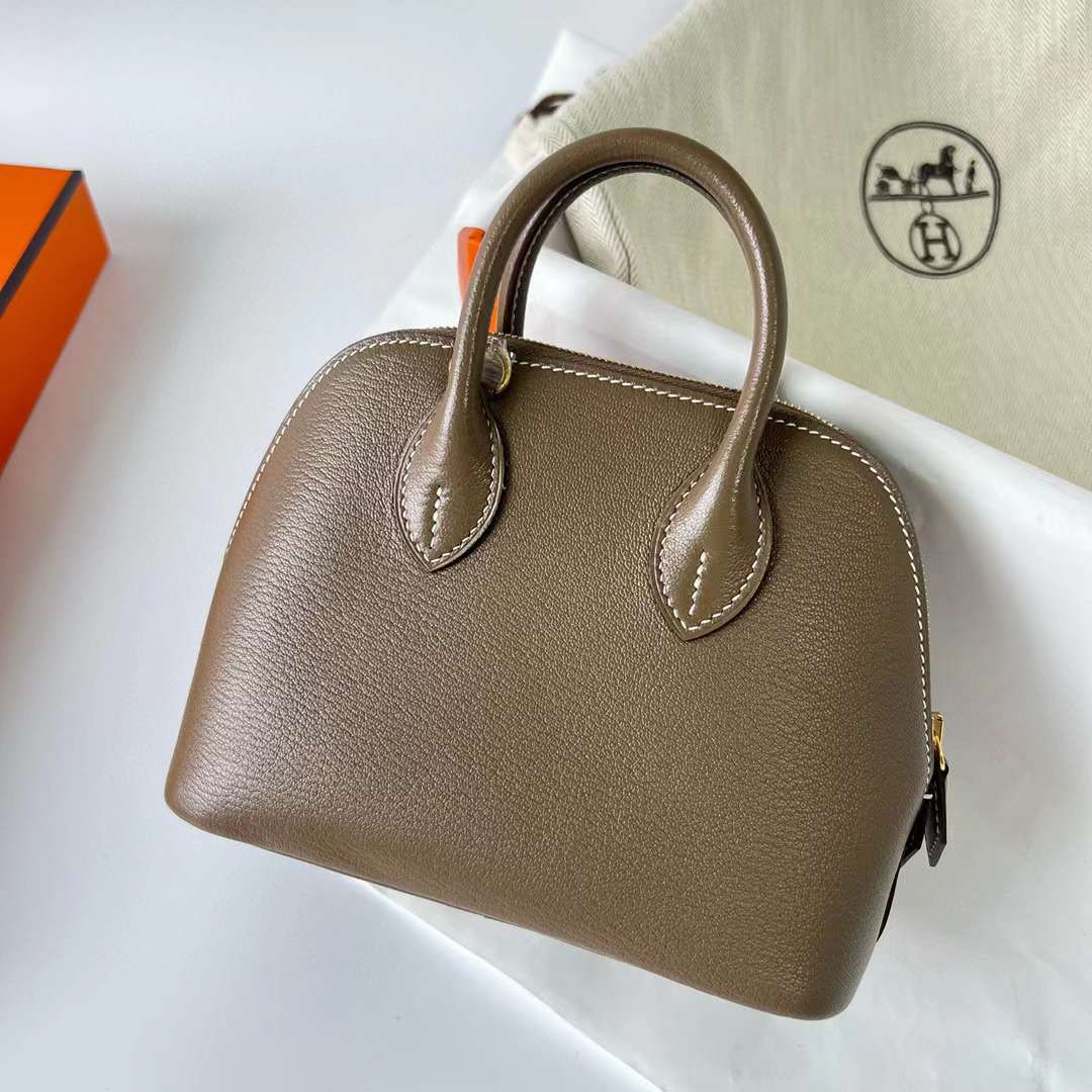 Hermès（爱马仕）Mini Bolide 迷你保龄球包 Chevre 进口山羊皮 Ck18 大象灰 金扣 19cm 全手工蜡线缝制 Ghw