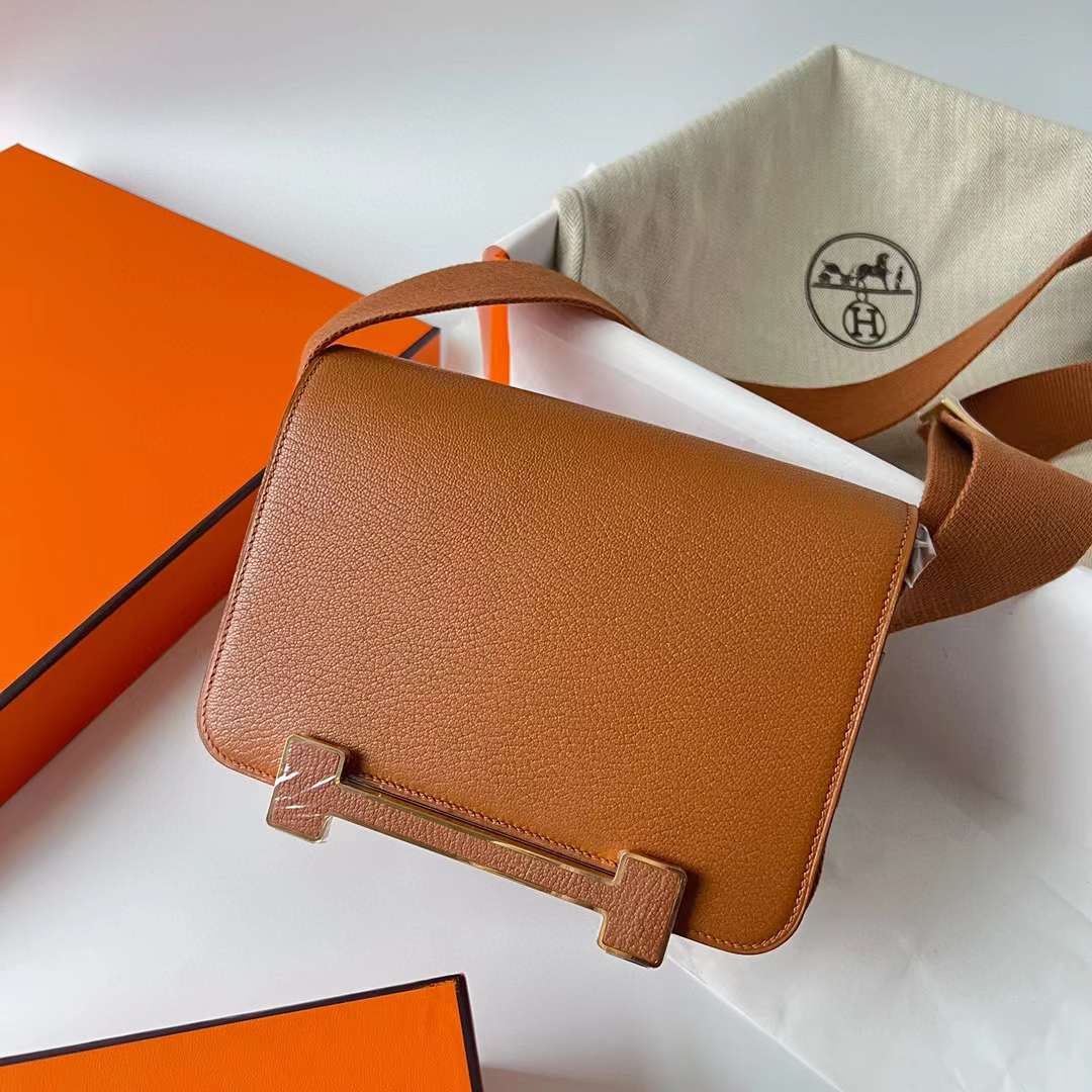 Hermès（爱马仕）Geta Chevre 进口山羊皮 Ck37 金棕色 金扣 20cm 全手工蜡线缝制 Ghw