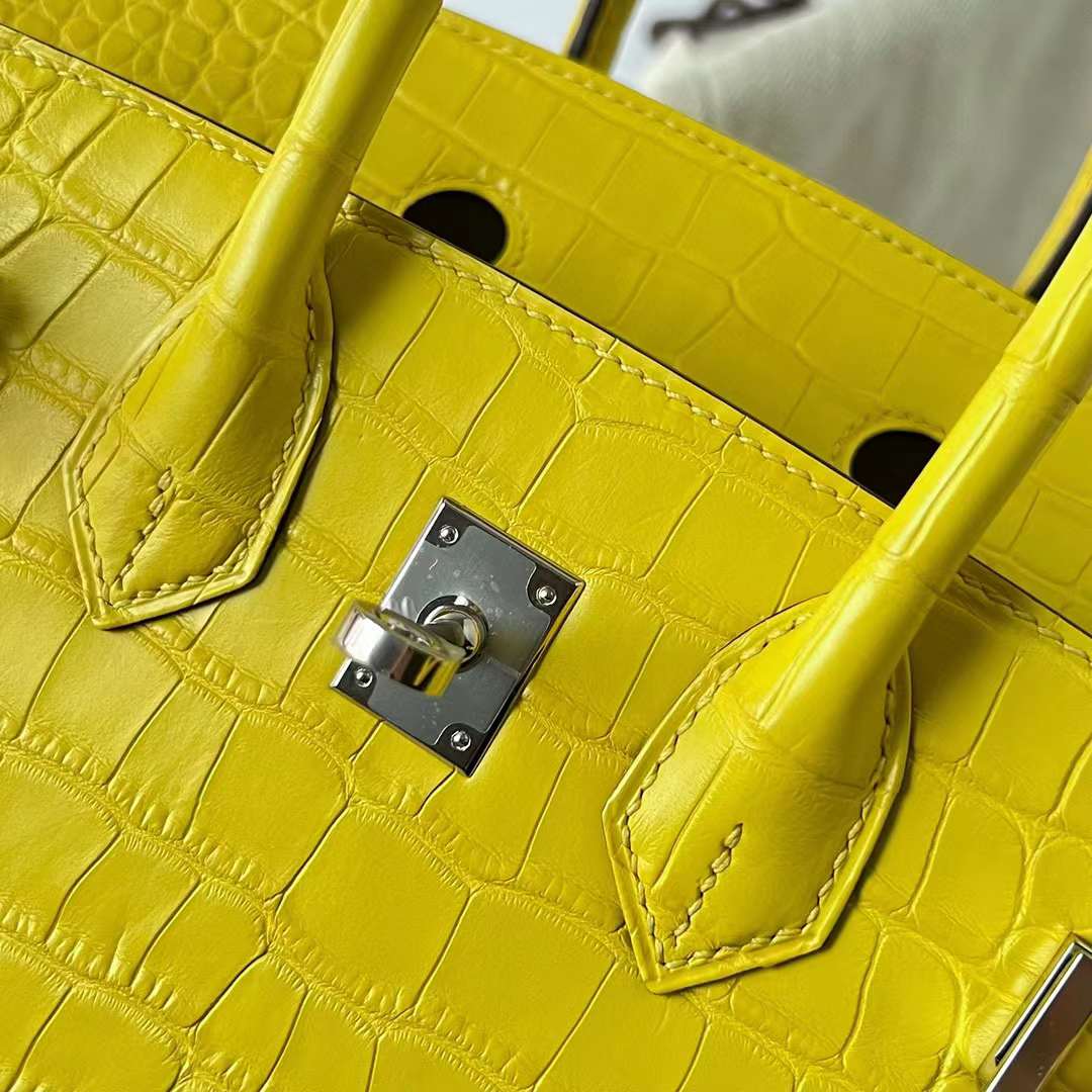 Hermès（爱马仕）Birkin 铂金包 雾面美洲鳄 Matte Alligator Crocodile M9 金盏花黄 银扣 25cm 全手工蜡线缝制 Phw