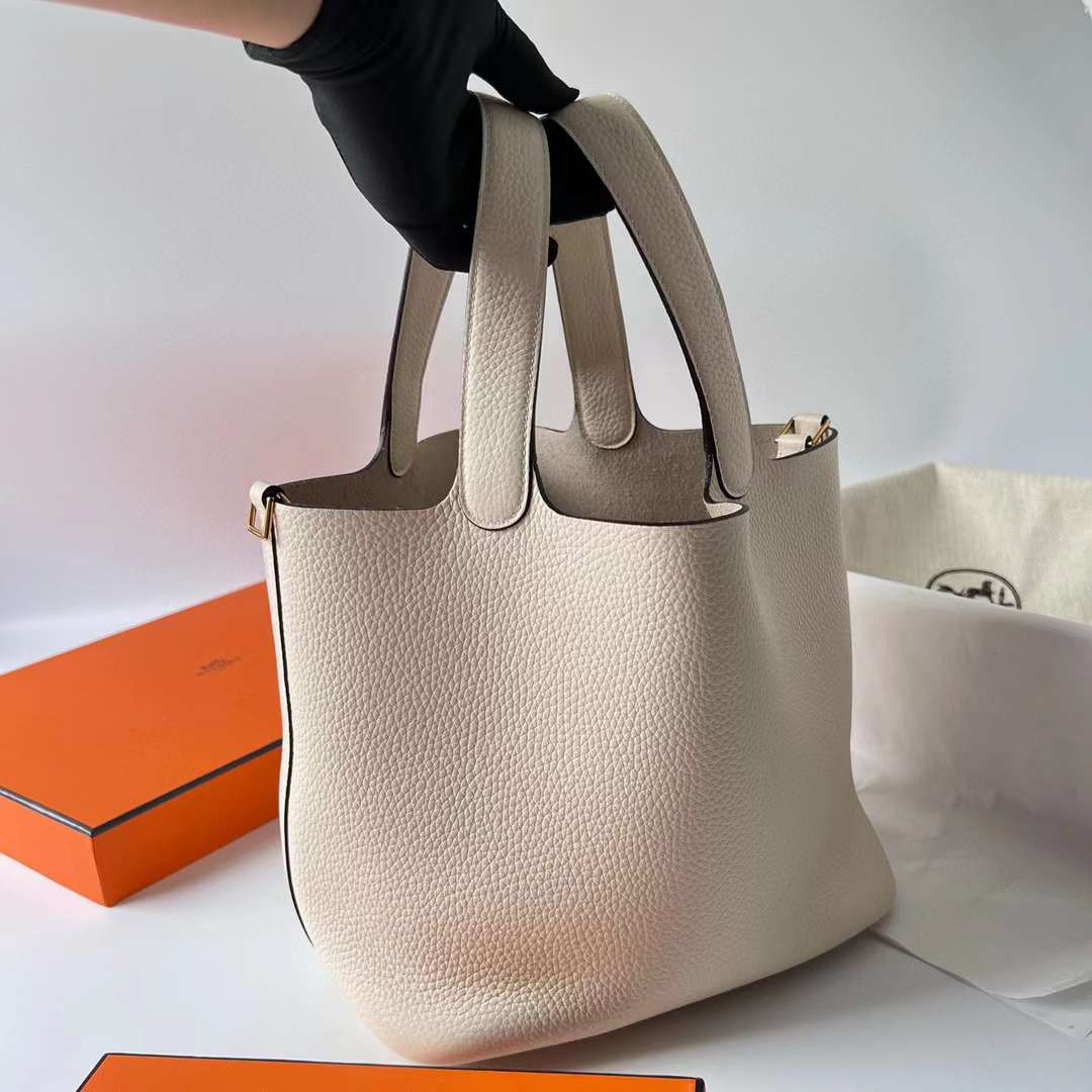 Hermès（爱马仕）Picotin 菜篮子 Clemence（御用原厂进口tc皮）I2 奶油白 金扣 22cm 全手工蜡线缝制 Ghw