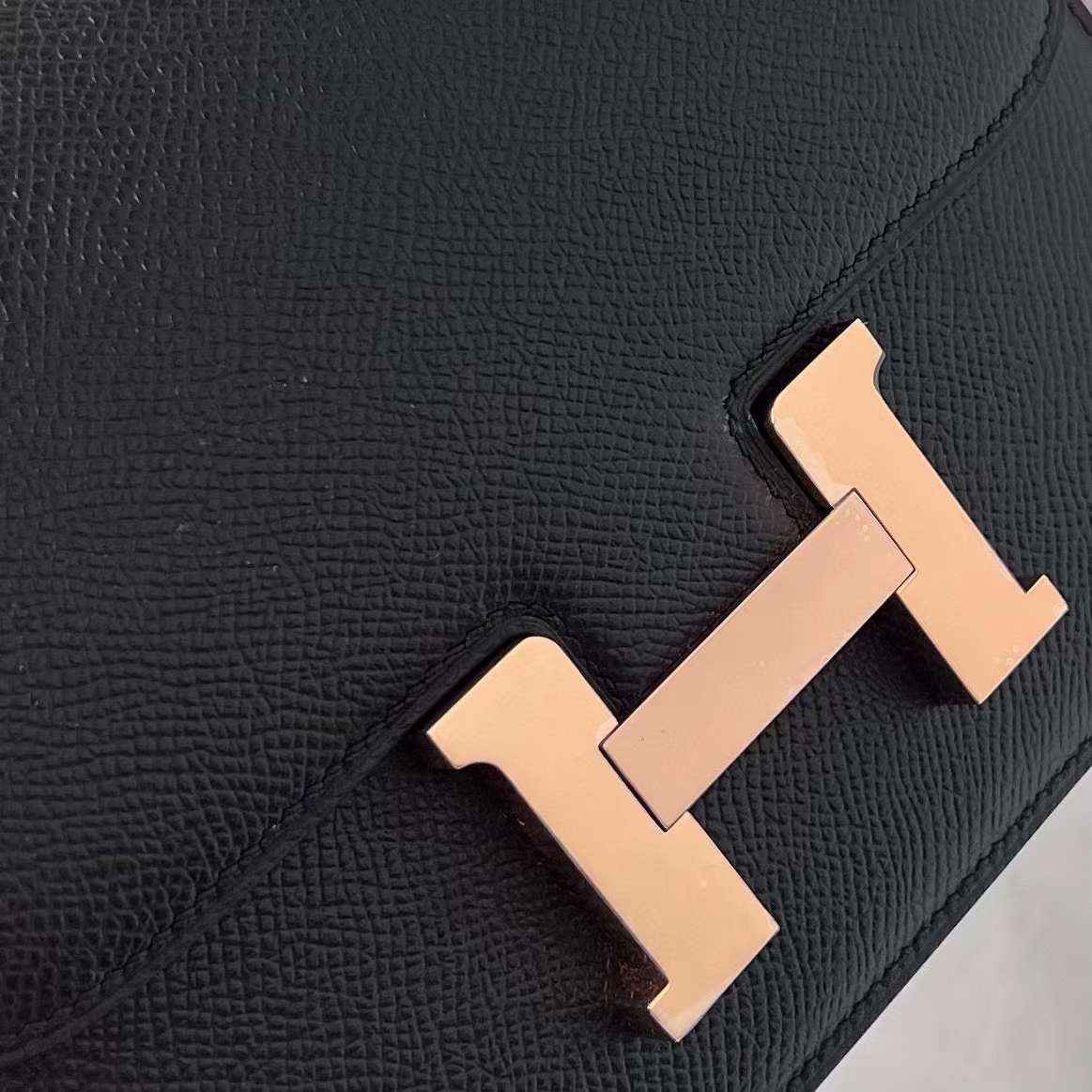 Hermès（爱马仕）Constance 康斯坦斯 Epsom Ck89 黑色 玫瑰金扣 19cm 全手工蜡线缝制 Rghw