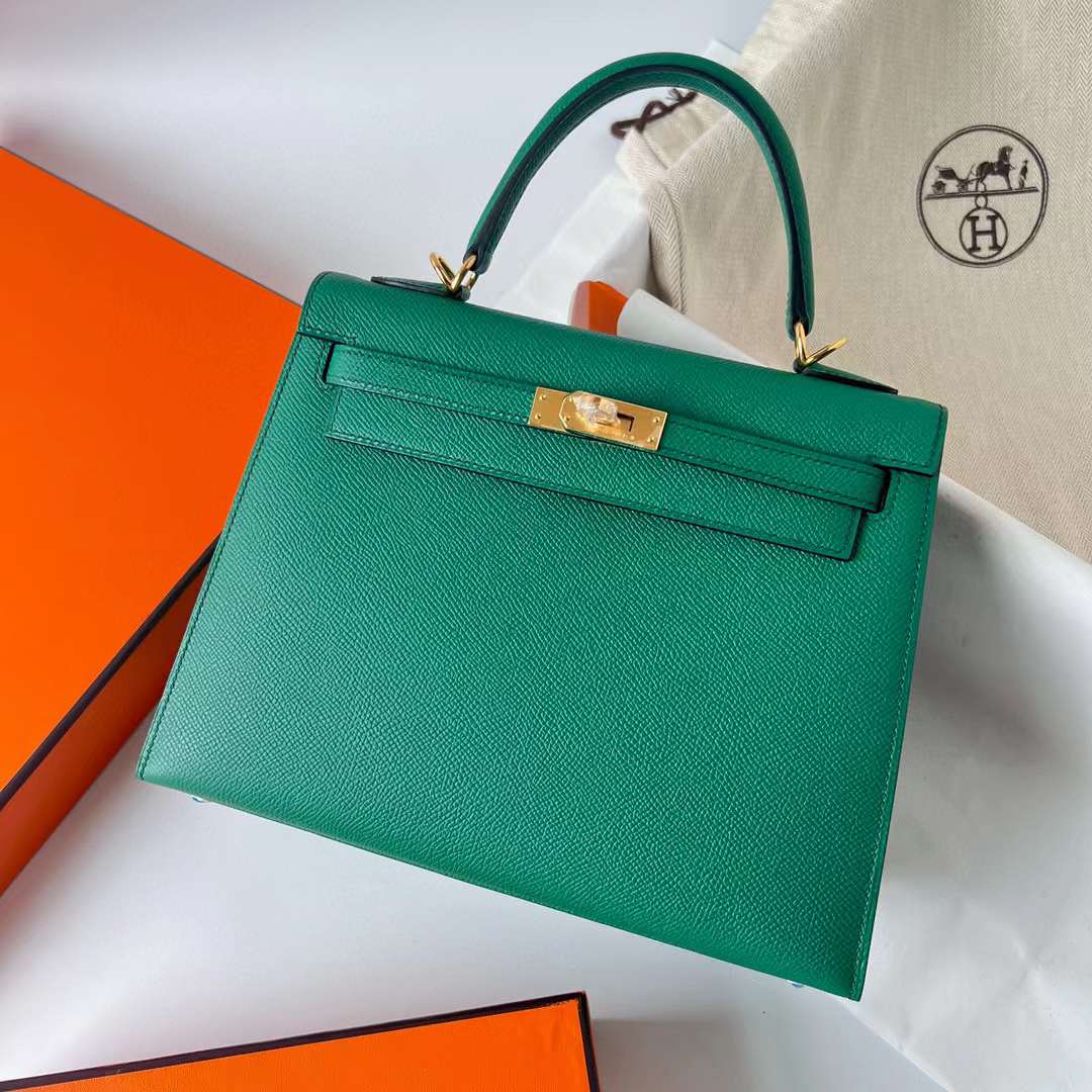 Hermès（爱马仕）Kelly 凯莉包 Epsom皮 U4 丝绒绿 金扣 25cm 全手工蜡线缝制 Ghw