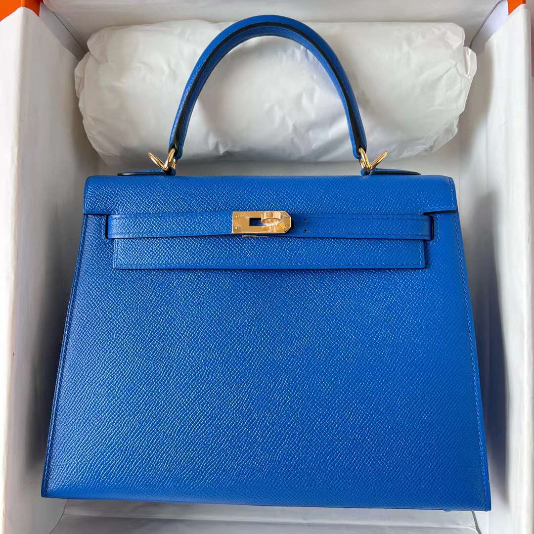 Hermès（爱马仕）Kelly 凯莉包 Epsom 掌纹皮 71 法国蓝 金扣 25cm 全手工蜡线缝制 Ghw