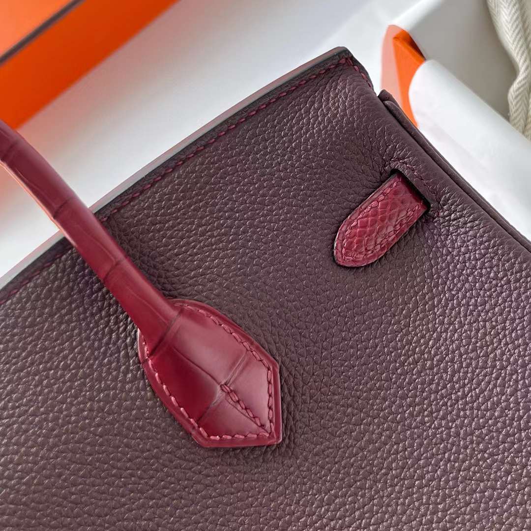 Hermès（爱马仕）Birkin 铂金包 Touch Togo皮 拼 雾面美洲鳄鱼皮 0G 马鞍红 拼 Ck55 爱马仕红 金扣 25cm 全手工蜡线缝制