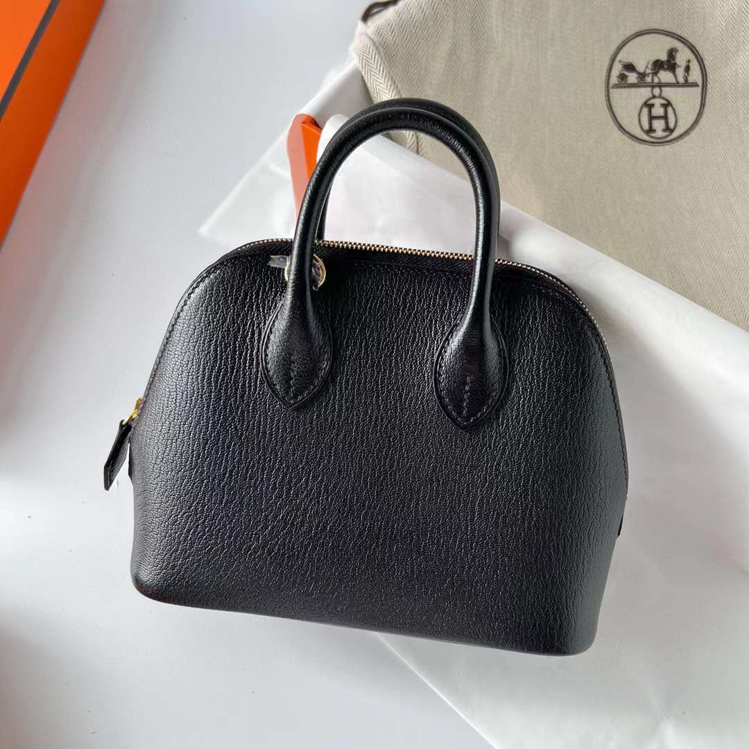 Hermès（爱马仕）Mini Bolide 迷你保龄球包 Chevre 山羊皮 Ck89 黑色 金扣 19cm 全手工蜡线缝制 Ghw