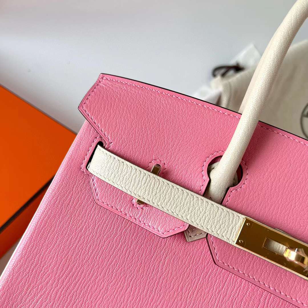 Hermès（爱马仕）Birkin 铂金包 Chevre 进口山羊皮 5P 樱花粉 拼 Ck10 奶昔白 金扣 30cm 全手工蜡线缝制 Ghw