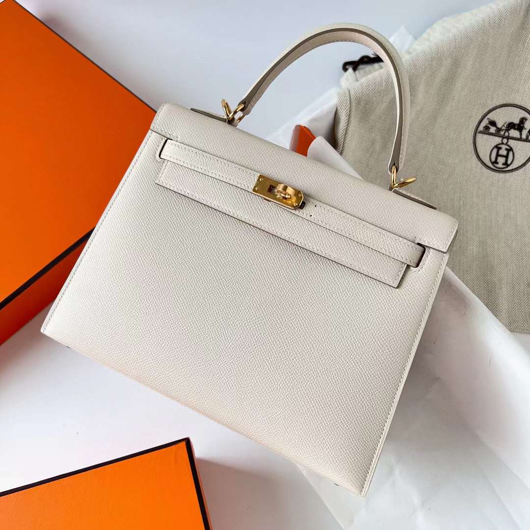 Hermès（爱马仕）Kelly 凯莉包 Epsom 掌纹皮 Ck10 奶昔白 金扣 25cm 全手工蜡线缝制 Ghw