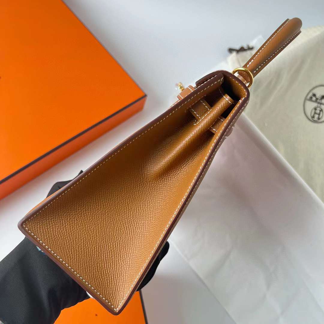 Hermès（爱马仕）Kelly 凯莉包 Epsom皮 金棕色 金扣 25cm 全手工蜡线缝制 Ghw