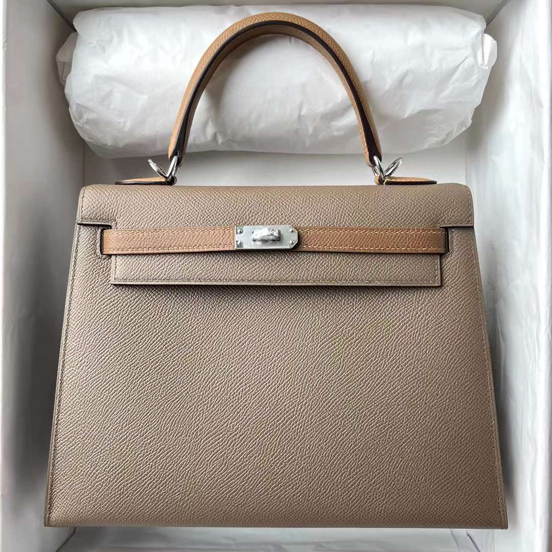 Hermès（爱马仕）Kelly 凯莉包 Epsom 掌纹皮 Ck18 大象灰 拼 3G 栗子色 拼 4B 饼干色 银扣 25cm 全手工蜡线缝制 Phw