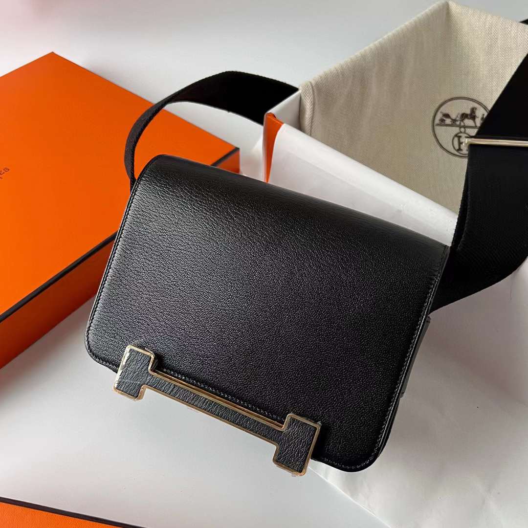 Hermès（爱马仕）Geta Chevre 进口山羊皮 Ck89 黑色 金扣 20cm 全手工蜡线缝制 Ghw