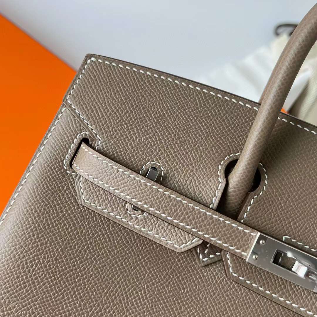 Hermès（爱马仕）Birkin Sellier Epsom Ck18 大象灰 白色走线 银扣 25cm 全手工蜡线缝制 Phw