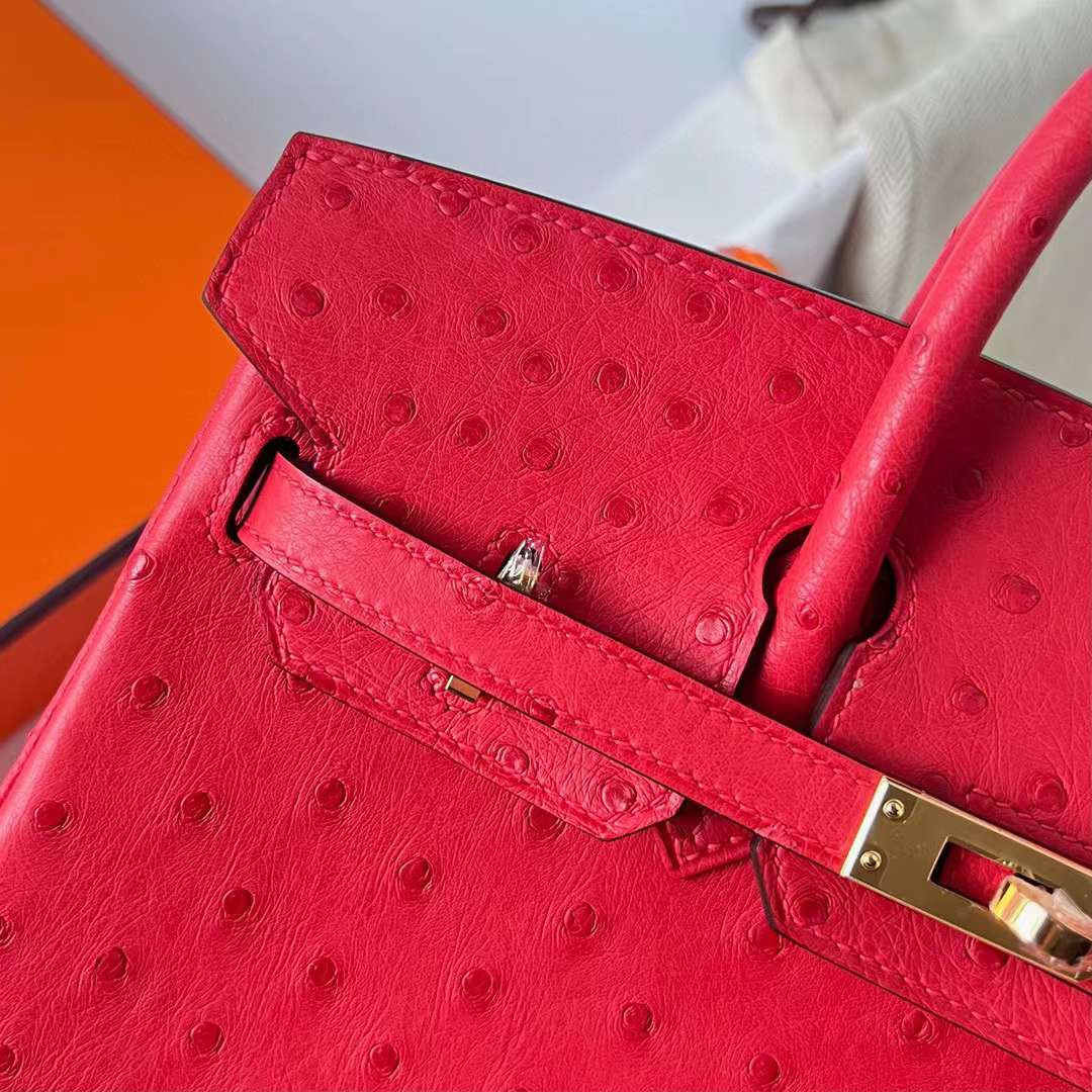 Hermès（爱马仕）Birkin 铂金包 Ostrich 进口鸵鸟皮 Ck95 法拉利红 金扣 25cm 全手工蜡线缝制 Ghw