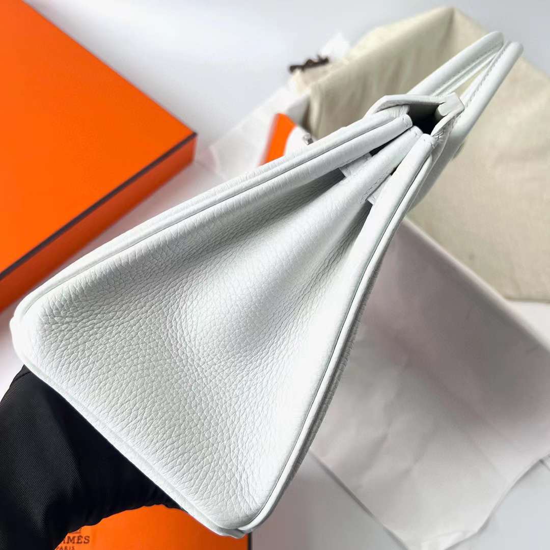 Hermès（爱马仕）Birkin 铂金包 Clemence 进口TC大牛皮 01 纯白 内拼 ck80 珍珠灰 银扣 25cm 全手工蜡线缝制 Phw
