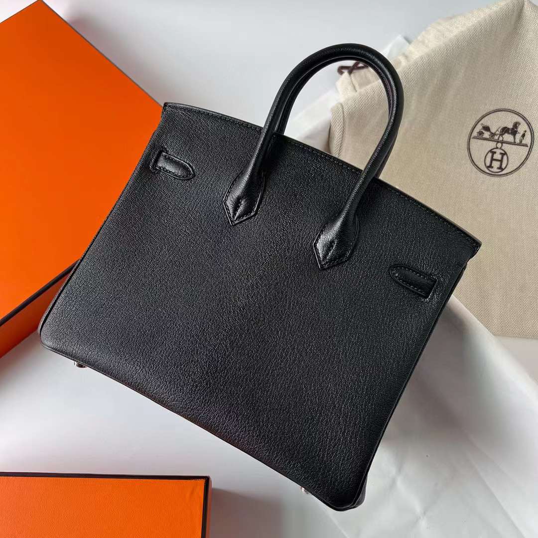 Hermès（爱马仕）Birkin 铂金包 Chevre 进口山羊皮 Ck89 黑色 银扣 25cm 全手工蜡线缝制 Phw