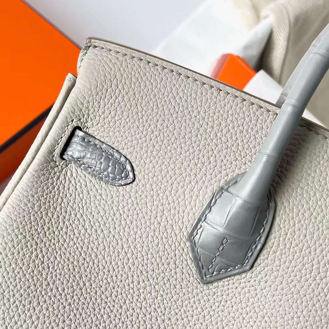 Hermès（爱马仕）Birkin 铂金包 Touch Togo 拼 雾面美洲鳄鱼皮 Ck80 珍珠灰 金扣 25cm 全手工蜡线缝制 Ghw